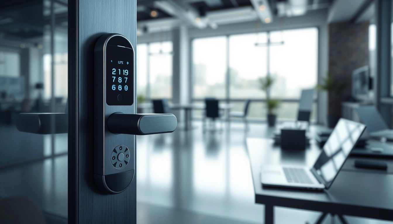Locksta digital security lock displayed on a sleek office desk with modern design.