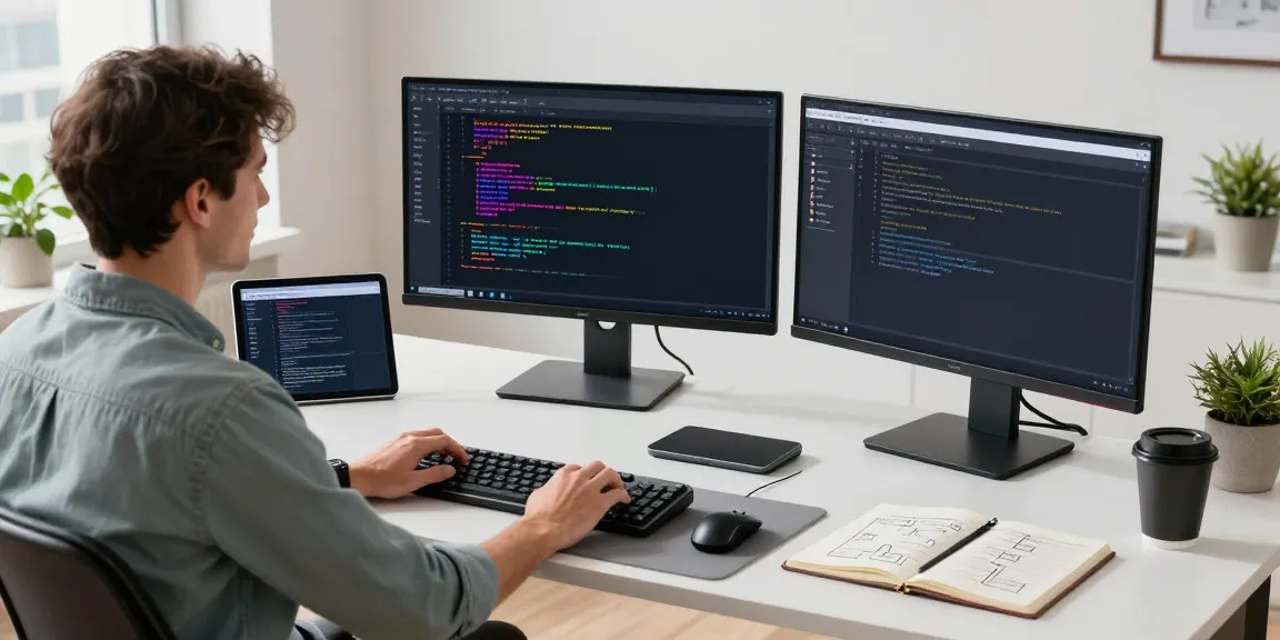 Developer using Notepad++ on dual monitors in a modern workspace at https://notepad-app.co/