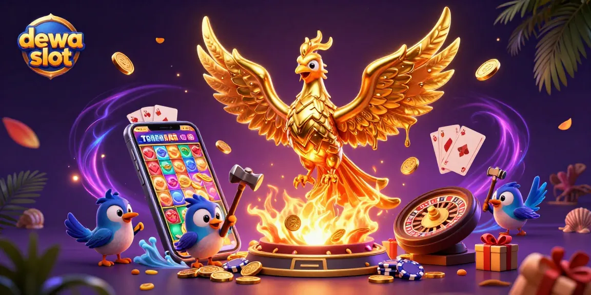 Mainkan dewa slot dengan phoenix emas mengalir uang dan elemen permainan yang dinamis di latar belakang.
