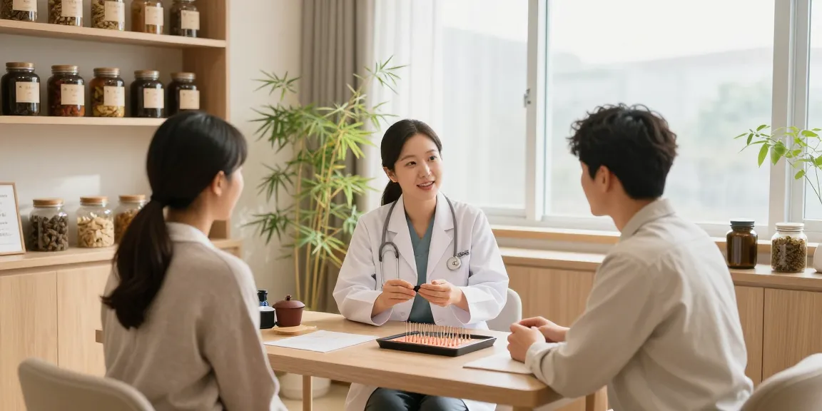 Consultation at 수원한의원 with a caring practitioner and herbal remedies visible in a calming environment.