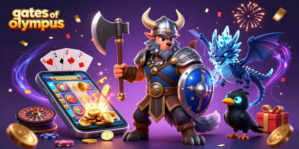 Experience the thrill of gates of olympus with a Viking warrior, dragon, and casino elements celebrating big wins.
