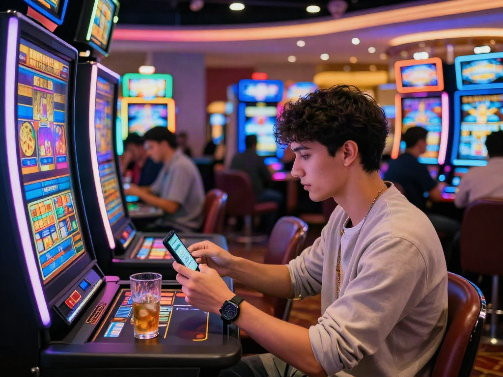 Player enjoying the excitement at a credit card casino while engaging with colorful slot machines.