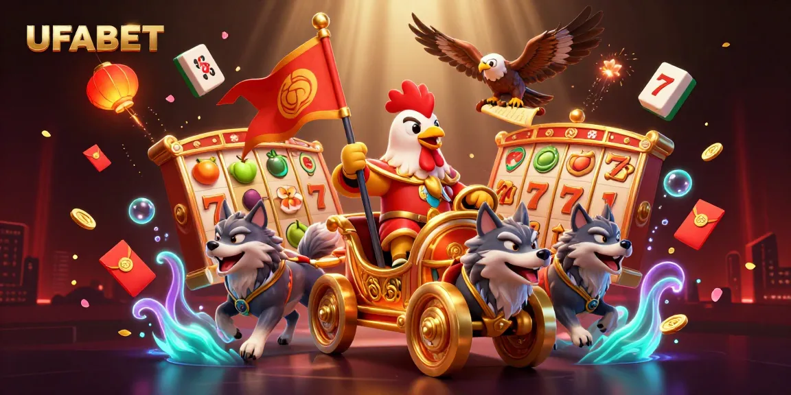 Experience the thrill of UFABET with a vibrant 3D casino scene featuring a rooster warlord and slot machines.