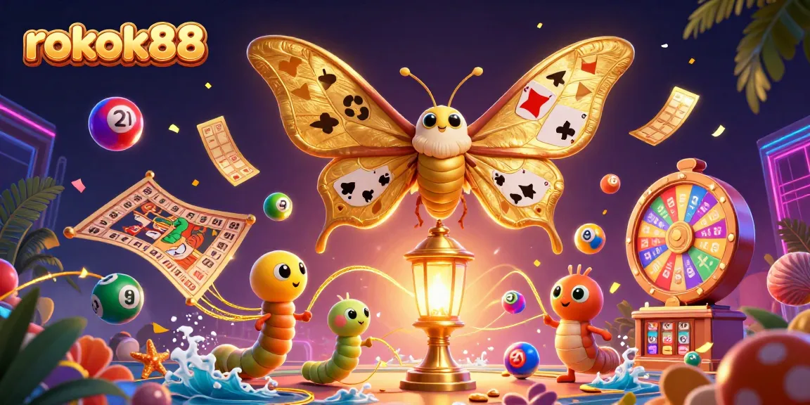 Engage with rokok88's vibrant gaming scene featuring a golden atlas moth and lottery elements.