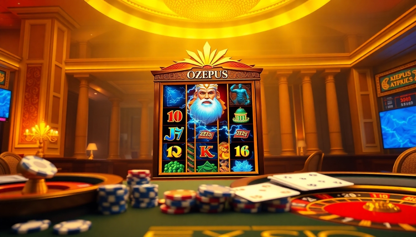 Playing the olympus slot surrounded by vibrant casino elements and a luxurious atmosphere.