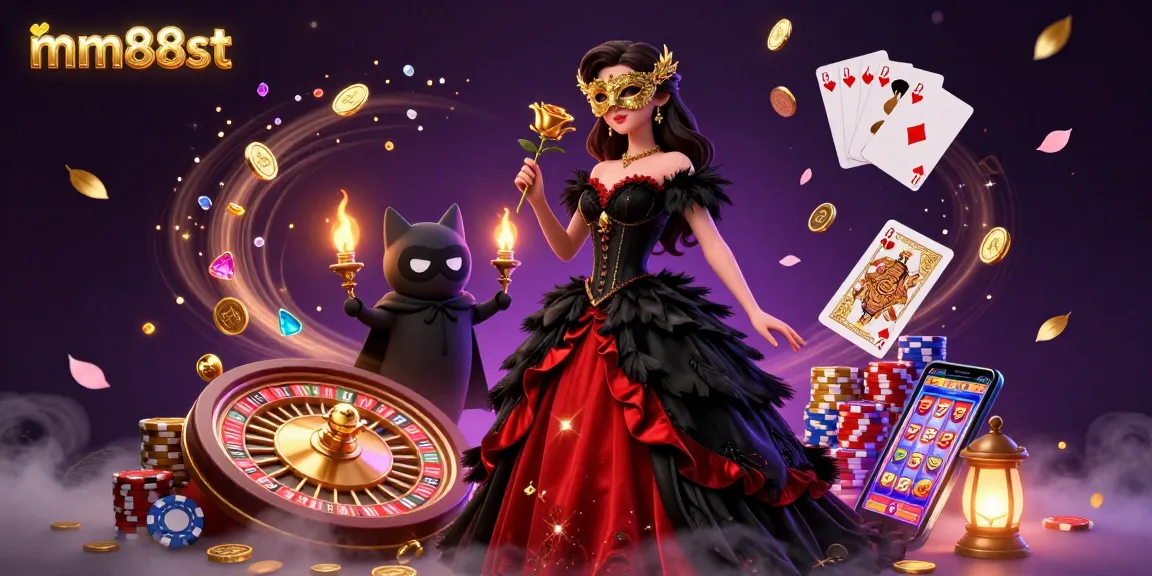 Experience vibrant gameplay with mm88st, featuring dynamic coins, a stunning dancer, and a masked cat in a lively casino scene.