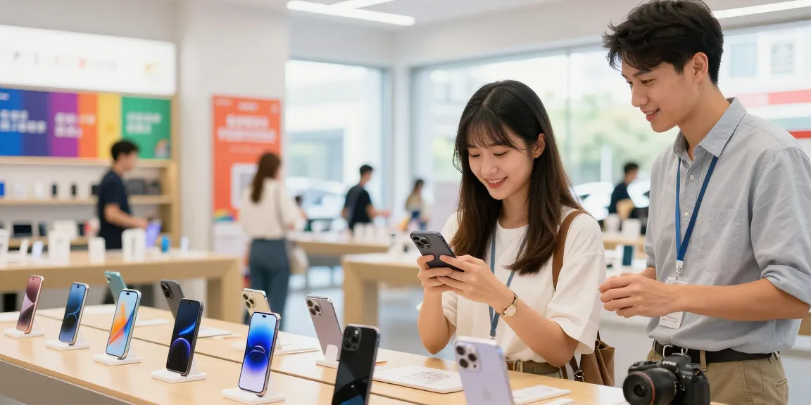 Comprar segundo número en una tienda moderna, mujer comparando precios en su smartphone.