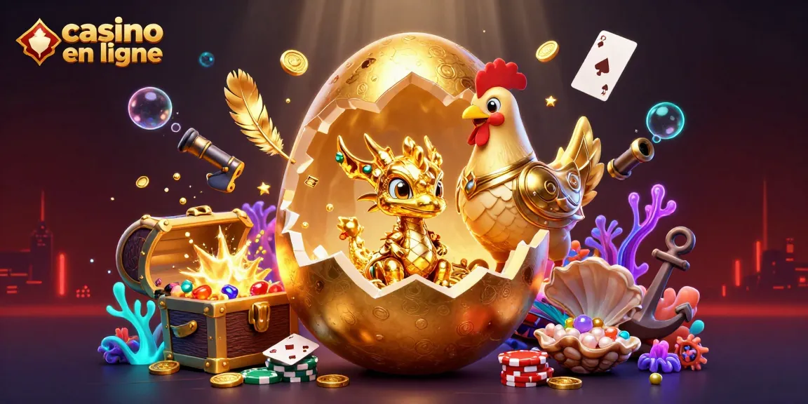 Le dragonnier en ligne, un bébé dragon doré et des jetons de poker illustrant le casino en ligne.