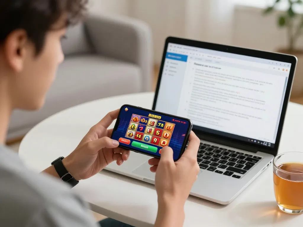 Engaging with slot bonus opportunities on a mobile casino app in a cozy home setting