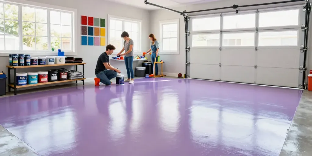 Garage Floor Coatings application in a modern garage with colorful flake samples.