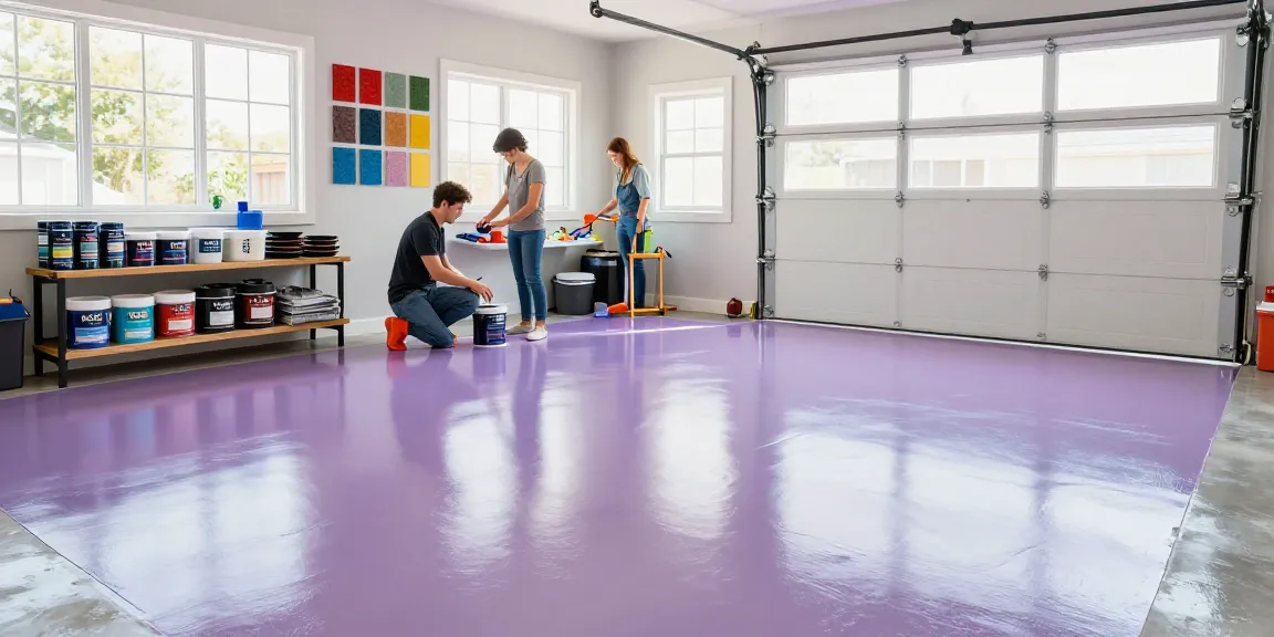 Garage Floor Coatings application in a modern garage with colorful flake samples.