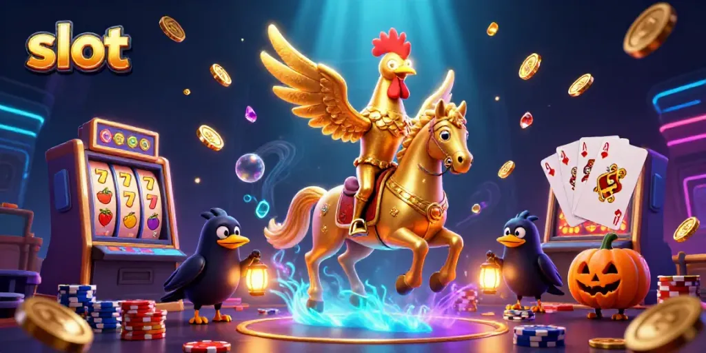 Experience the thrill of slots with a golden rooster in a vivid casino scene, surrounded by coins and slot symbols.