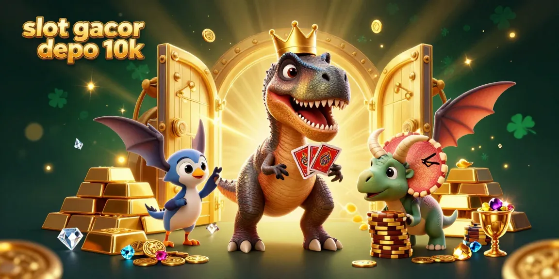 Melihat slot gacor depo 10k dalam ilustrasi 3D dengan dino dan chip emas mengelilingi jackpot.