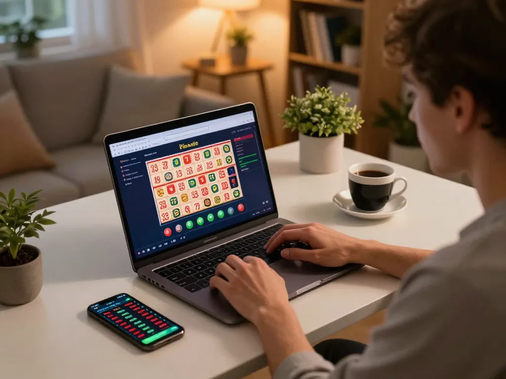 Focused online gambler using henandchickensgh on laptop, engaging in exciting lottery gameplay.