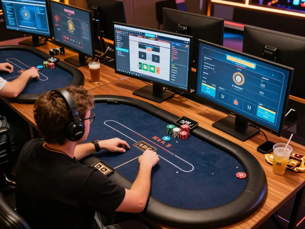 Engaging in a high-stakes online poker match with sunwinapk, showcasing strategic gameplay in a vibrant gaming setup.