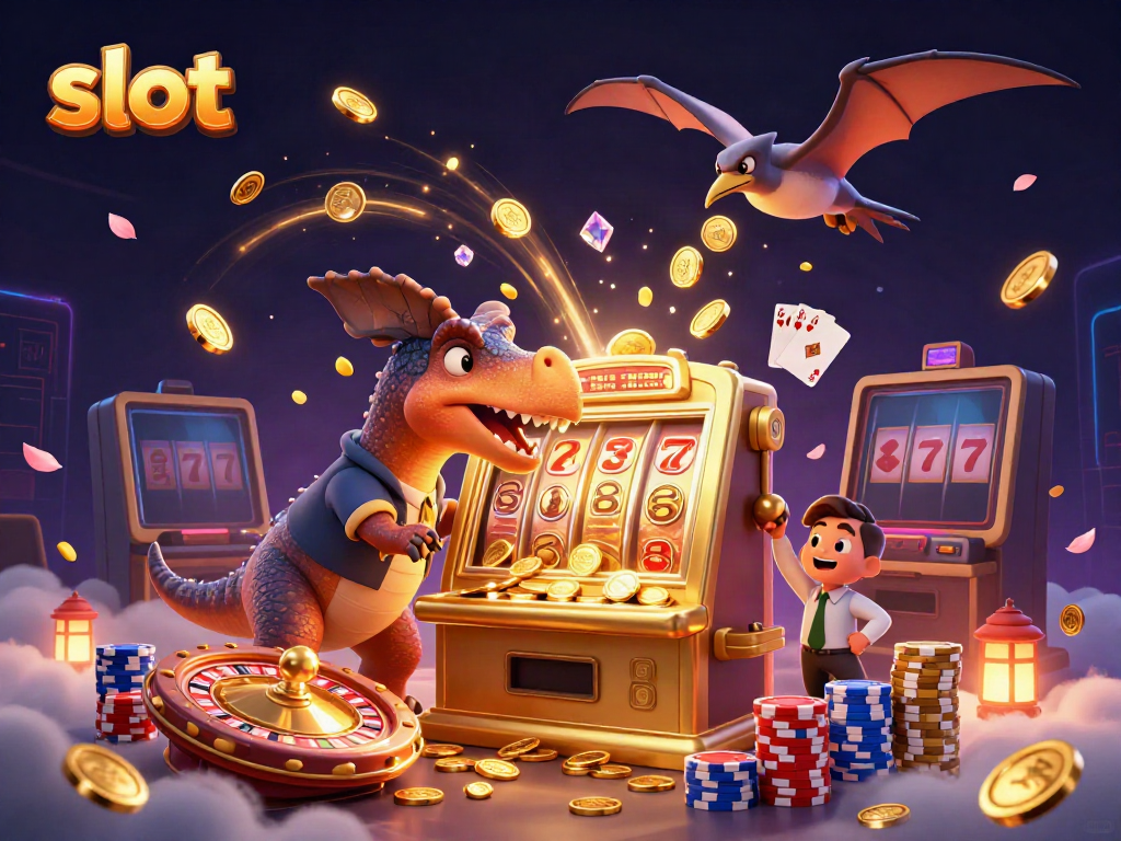 Slot online memiliki tampilan 3D menyenangkan dengan dinosaurus dan mesin slot berkilau.