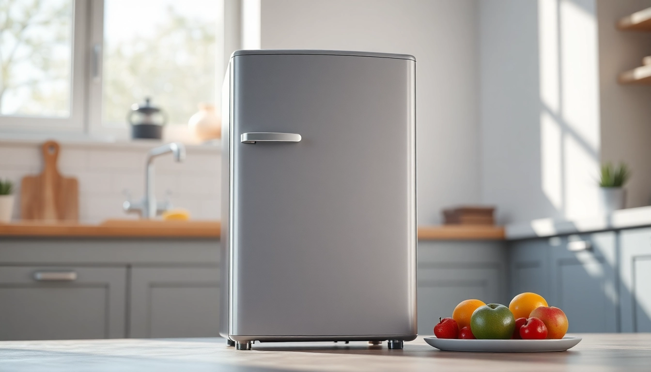 A beautiful affordable mini fridge and freezer in a modern kitchen with fresh fruits.