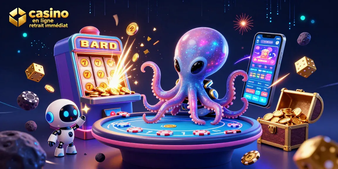 Jouer au casino en ligne retrait immédiat avec une illustration vibrante de jeu et d'énergie.