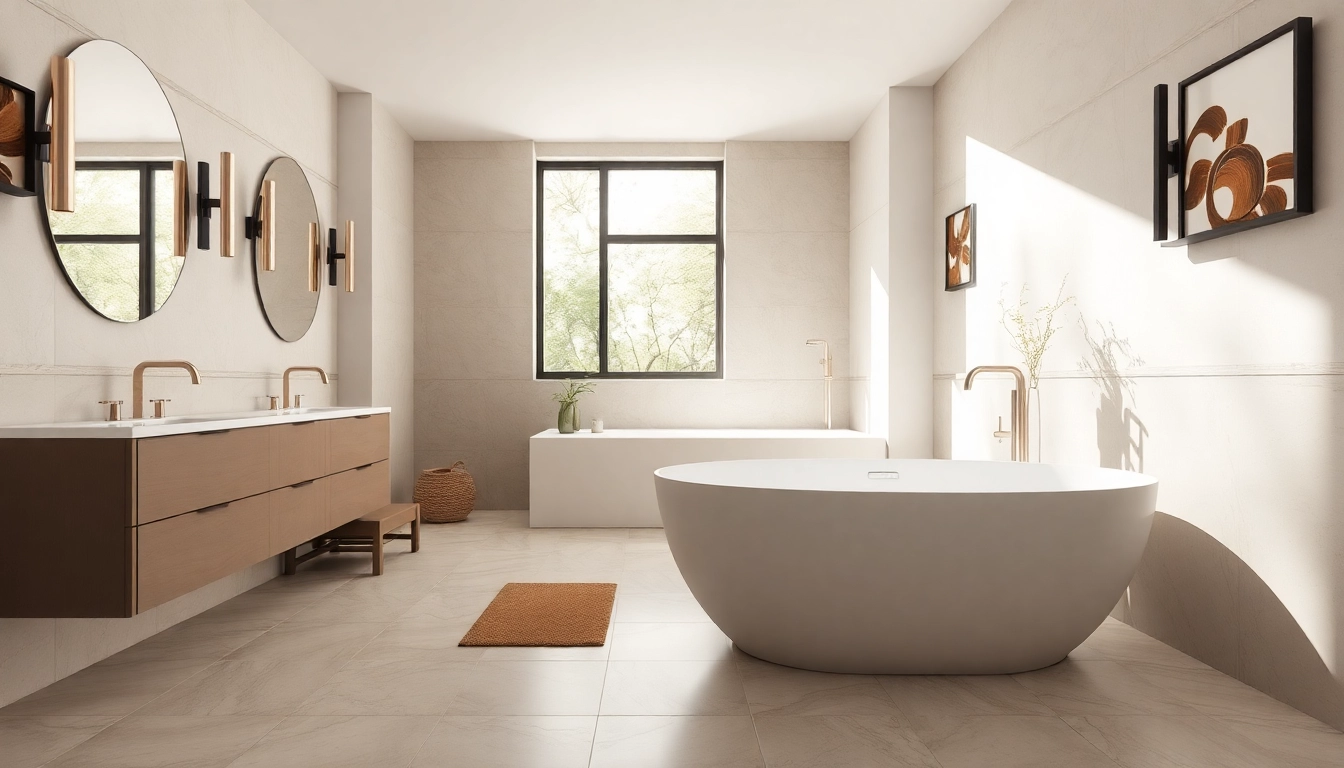 Bathroom builders exhibit high-quality fixtures and design features in a modern bathroom.