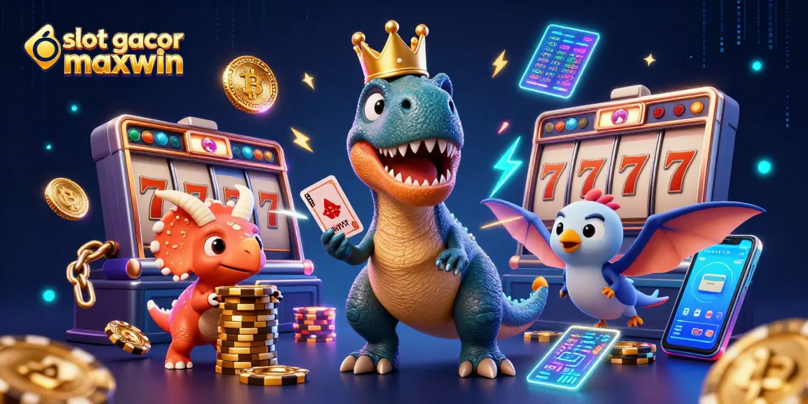 Engage with slot gacor maxwin in an energetic scene featuring a T-Rex and friends at the casino.