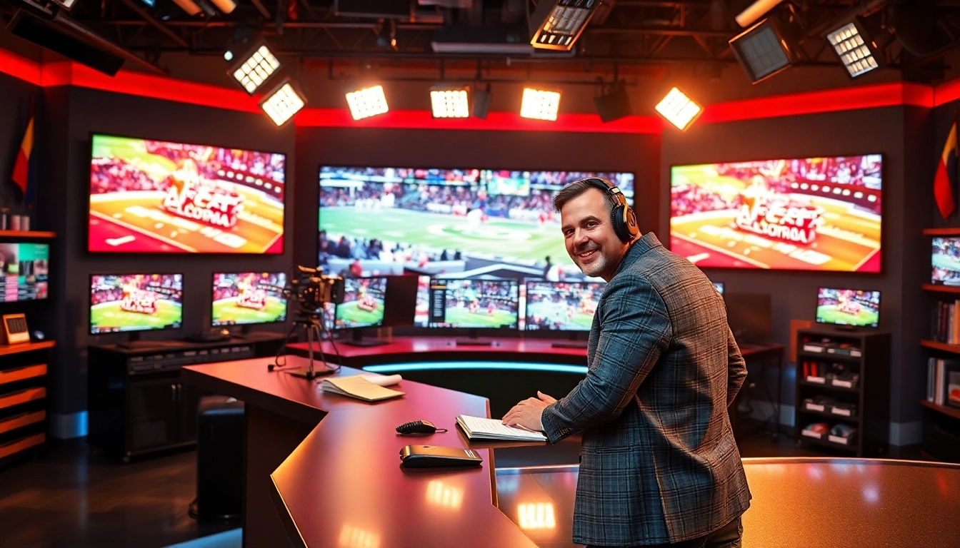 Engaging sports broadcasting setup highlighting a professional broadcaster and dynamic environment.