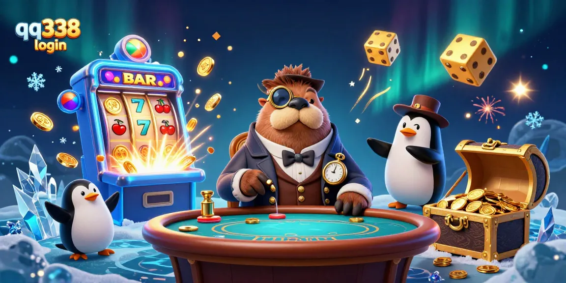 Play exciting games at qq338 login with a whimsical walrus and poker table scene