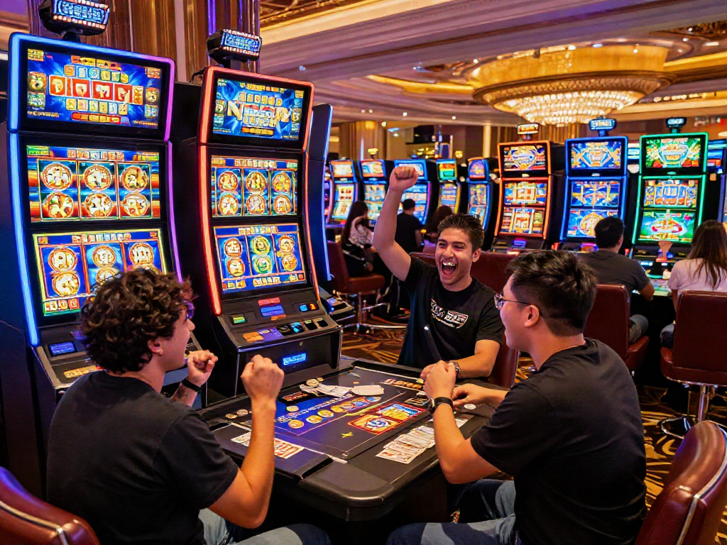 Exciting casino scene showcasing slot jackpot winners celebrating at vibrant machines.