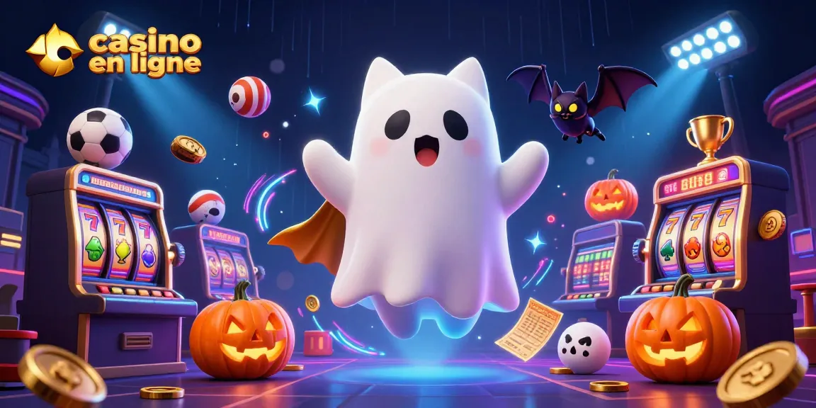 Illustration dynamique de casino en ligne avec un chat fantôme et un vampire, entourés de jetons et de lumières.