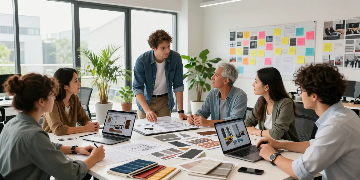 Commercial interior renovation workspace with diverse team collaborating over design plans and material samples in a modern office.