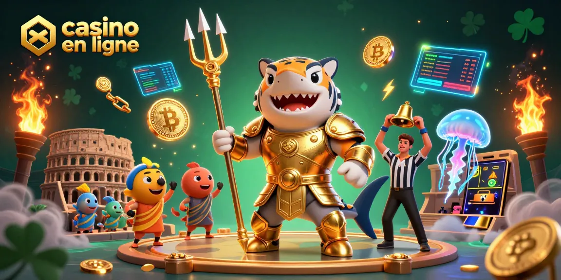 Participez à l'excitation du casino en ligne avec un requin tigre gladiateur et des pièces de crypto-monnaie scintillantes.