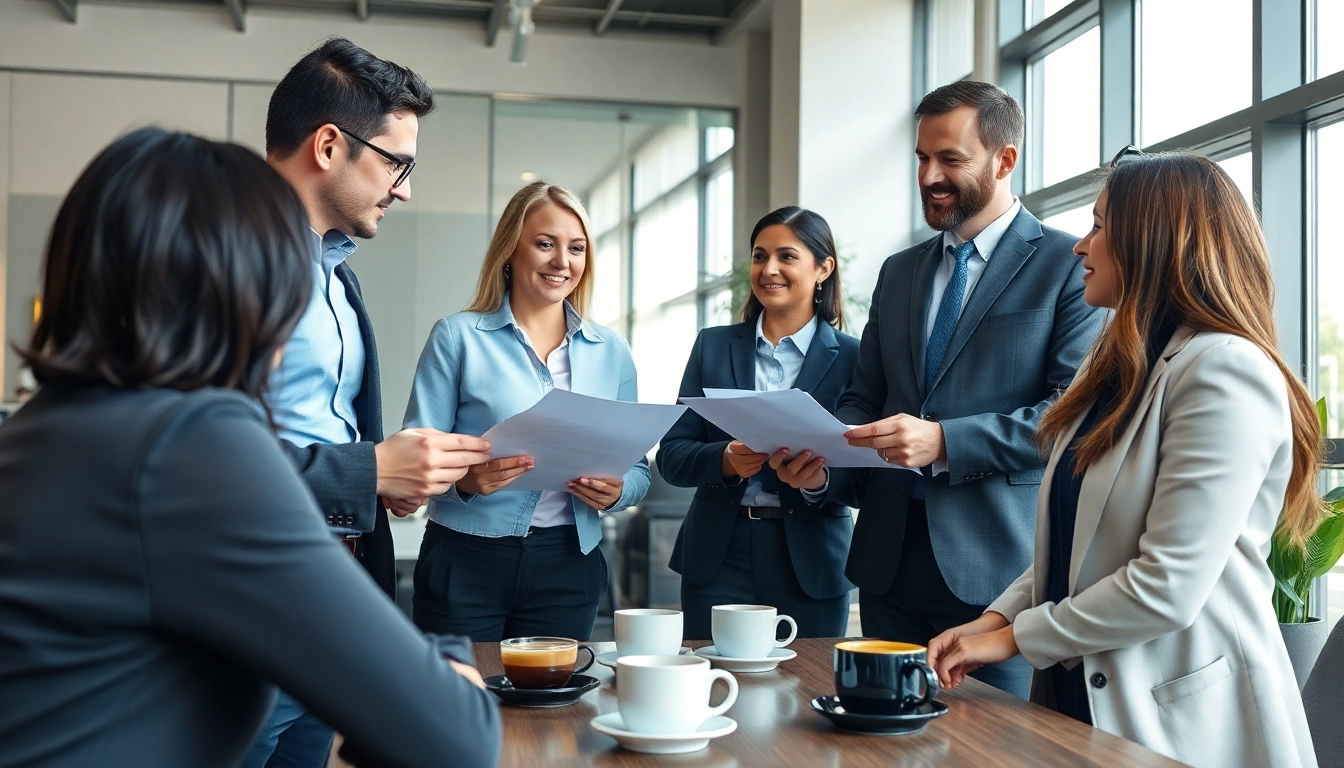 Insurance experts consulting on benefits of an extended warranty company in a modern office.