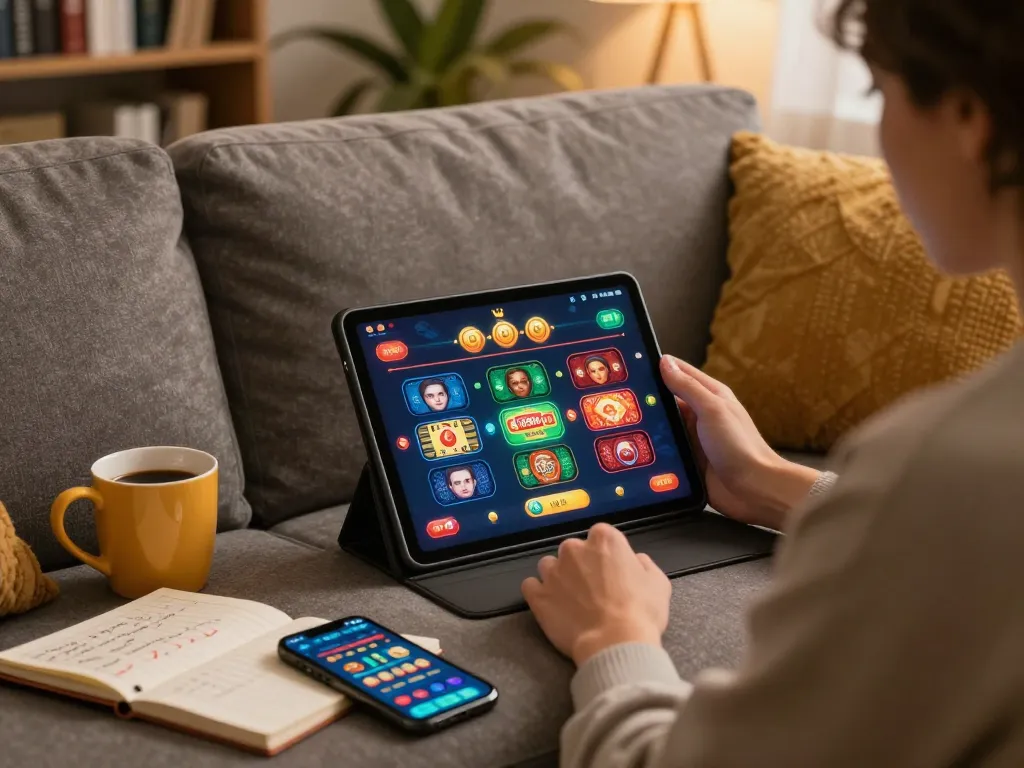 Enjoying casinò online italiani non aams on a tablet in a cozy home gaming setup.