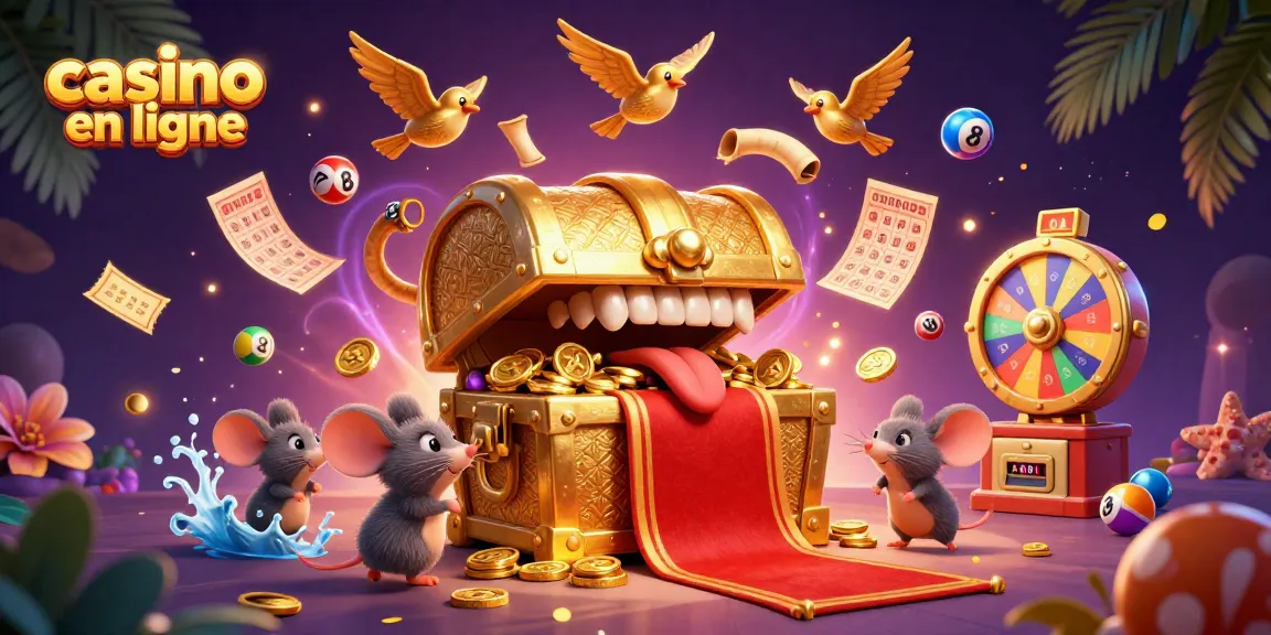 Jouez au casino en ligne avec des éléments de loterie et un coffre au trésor magique animé.