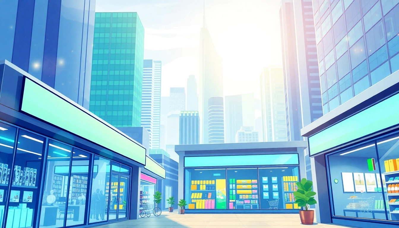 Engaging visual of a Multi-Store setup representing diverse digital storefronts in a vibrant city.