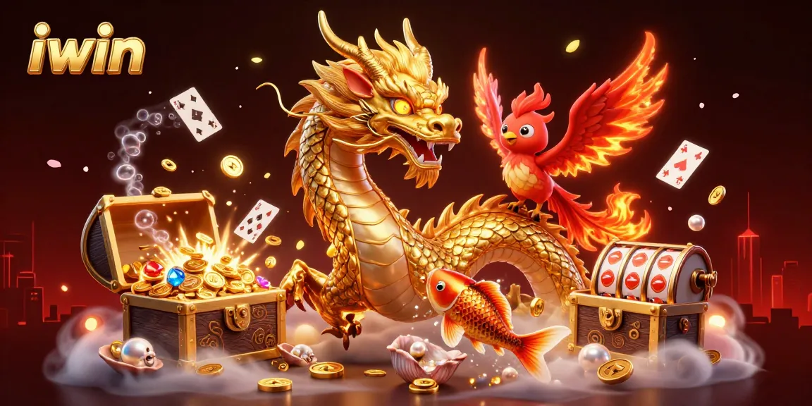 Experience thrilling gaming at iwin with a dynamic scene featuring a majestic dragon and golden koi fish.