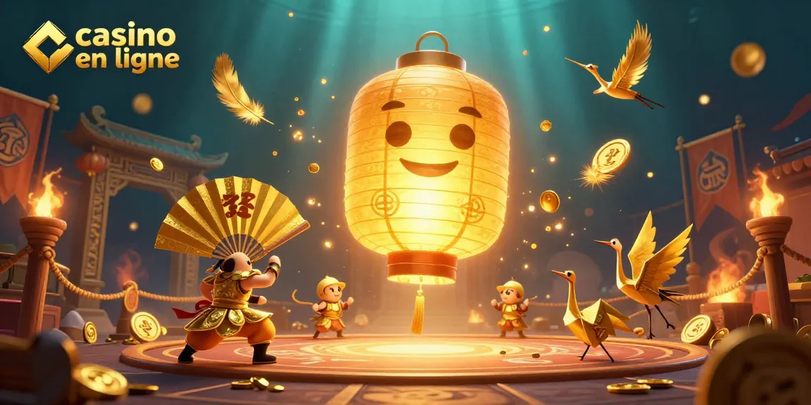 Jouez à des jeux captivants de casino en ligne avec un esprit lantern géant doré et des guerriers en éventail dans cette scène animée.