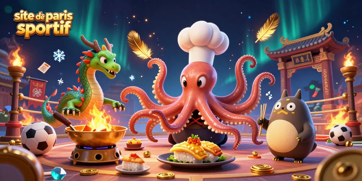 Pariez sur le site de paris sportif avec un chef sushi cartoon et un dragon dans une scène dynamique.