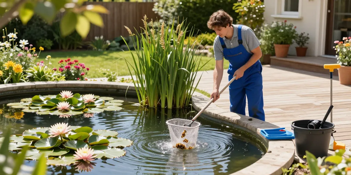 Pond Cleaning London with professional removing debris from serene garden pond.