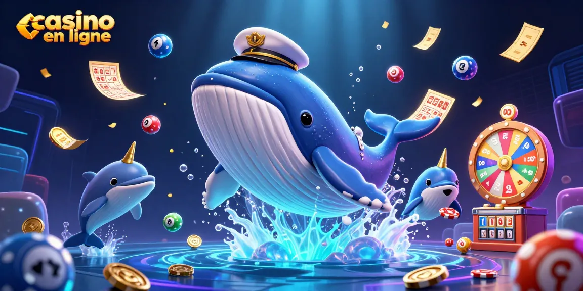 Jouer au casino en ligne avec la baleine géante et des dauphins entourés de pièces d'or.