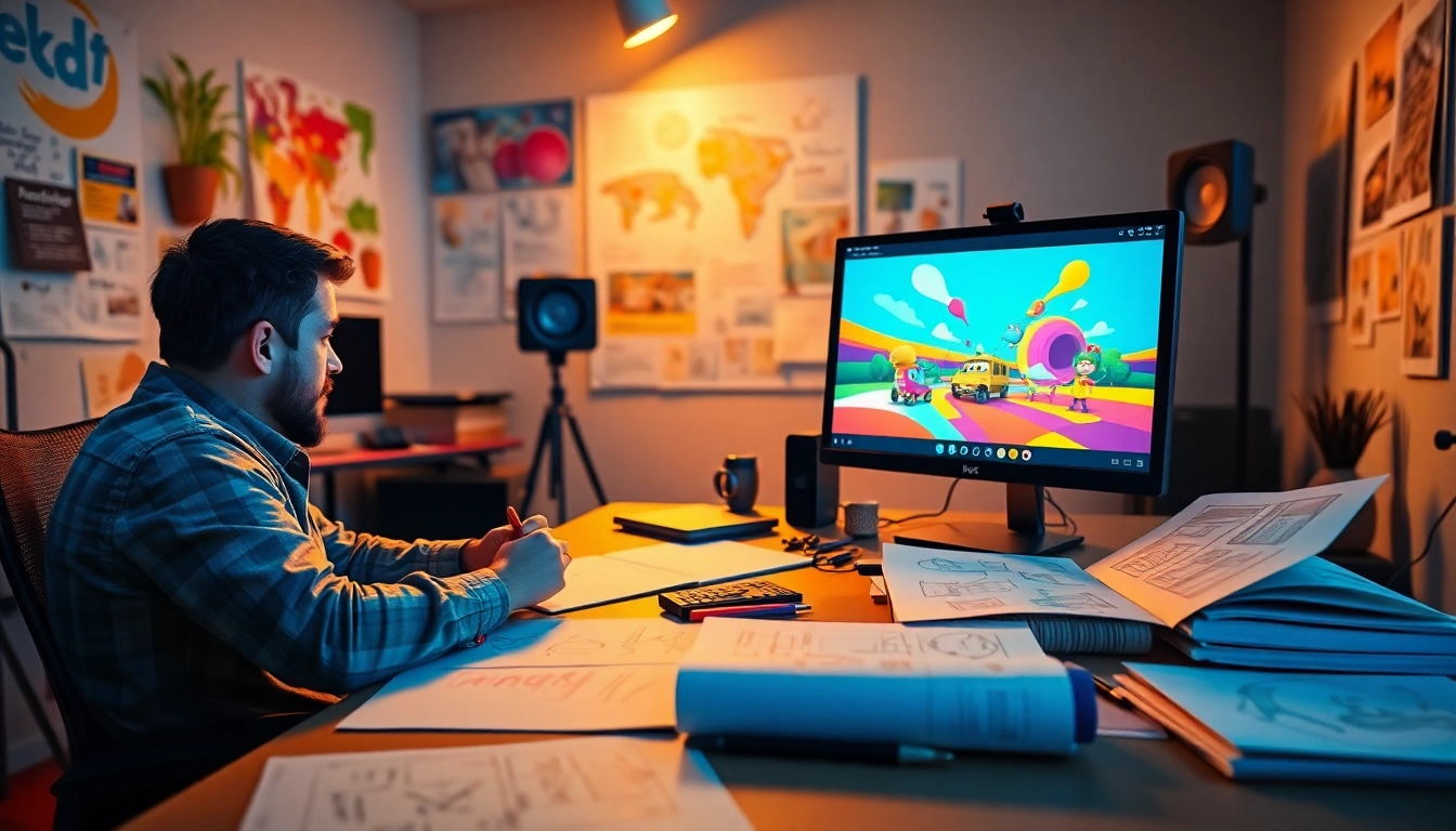 Erkläranimation in progress, showcasing an animator crafting vibrant visuals in a creative studio.
