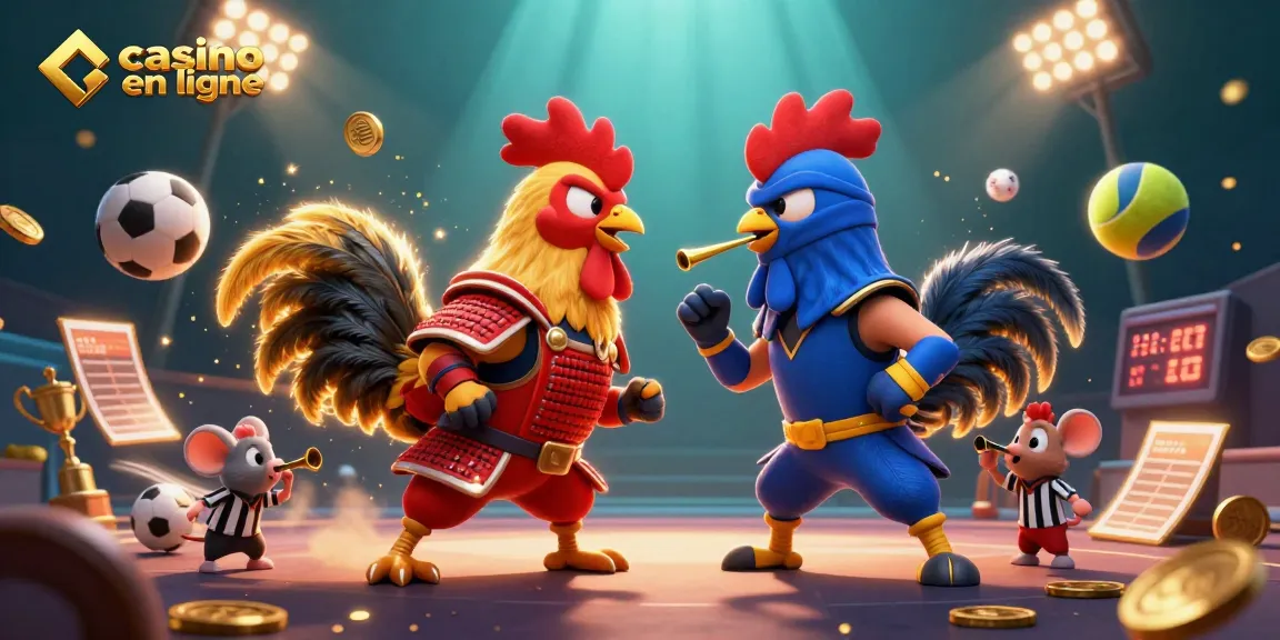 Casino en ligne : combat dynamique entre deux coqs de combat au style cartoon, remplis d'éléments de jeux.