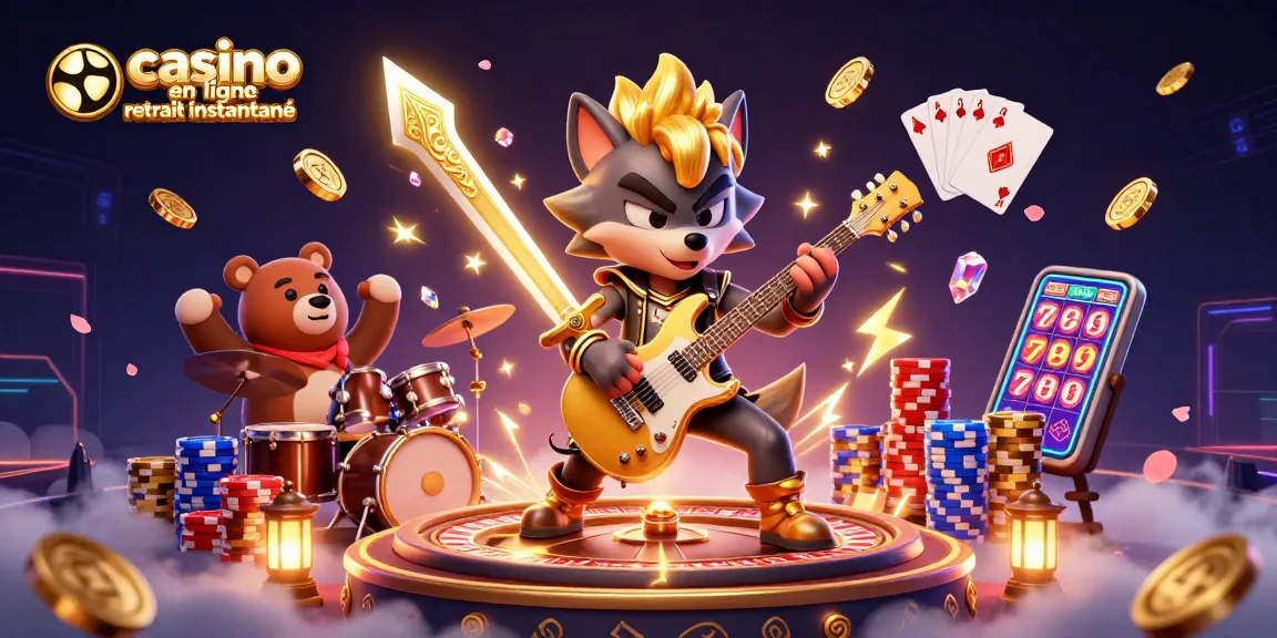 Visualisez des gains rapides avec casino en ligne retrait instantané illustré par un loup rock star et un ours batteur.