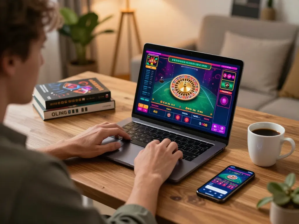 Engaged player enjoying live dealer game on fly88 with colorful gaming interface and relaxing home setup.
