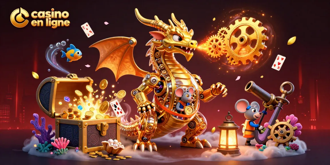 Jouer au casino en ligne avec un dragon mécanique doré, des cartes flottantes et des trésors sous-marins.