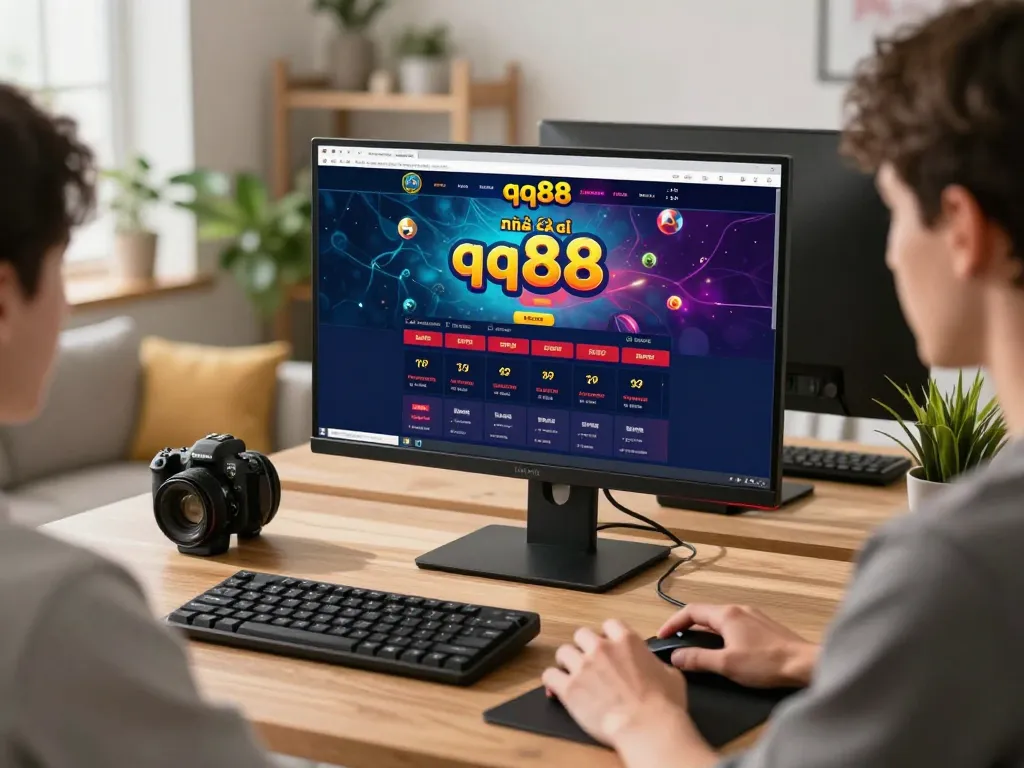 Engaged player exploring nhà cái qq88 gaming options on a computer screen, showcasing the excitement of online gambling.