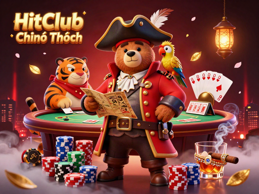 Engage with HitClub Chính Thức in this vibrant 3D casino scene featuring a bear captain with a treasure map.