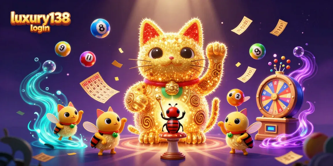 Experience luxury138 login with a vibrant casino scene featuring a giant lucky cat and dynamic game elements.