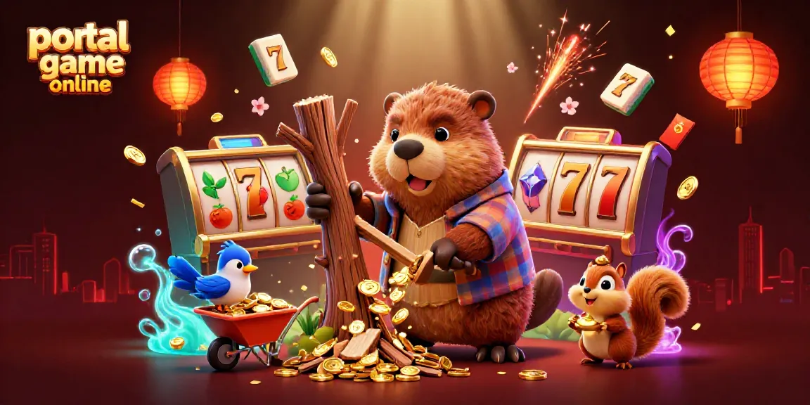 Engage in the thrill of portal game online with a beaver, bird, and squirrel in a vibrant casino scene.