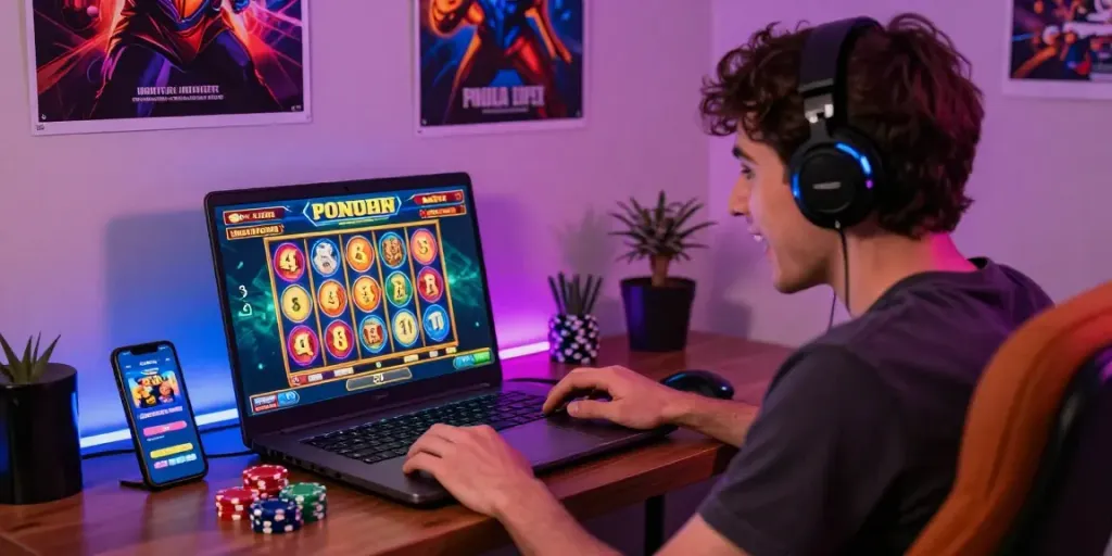 Pemain aktif menikmati situs slot gacor dengan aplikasi slot di laptop dan ponsel di tengah area permainan yang stylish.