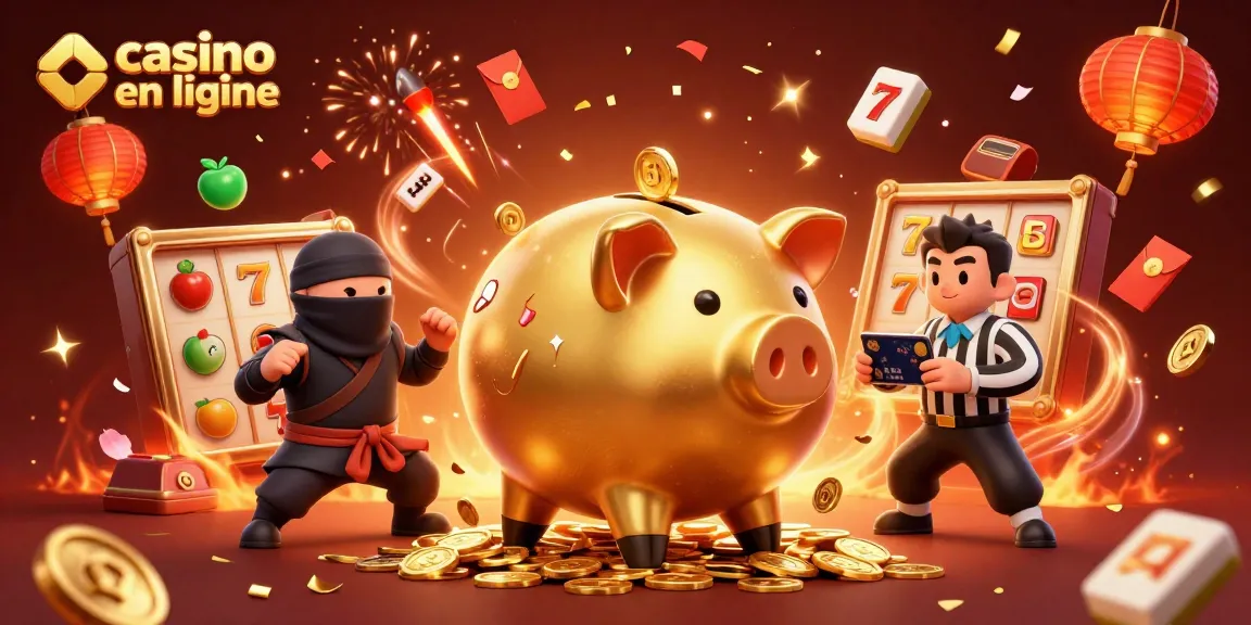 Jouer sur casino en ligne avec un sumo en or géant, un ninja et un samouraï au milieu de jetons et lumières.